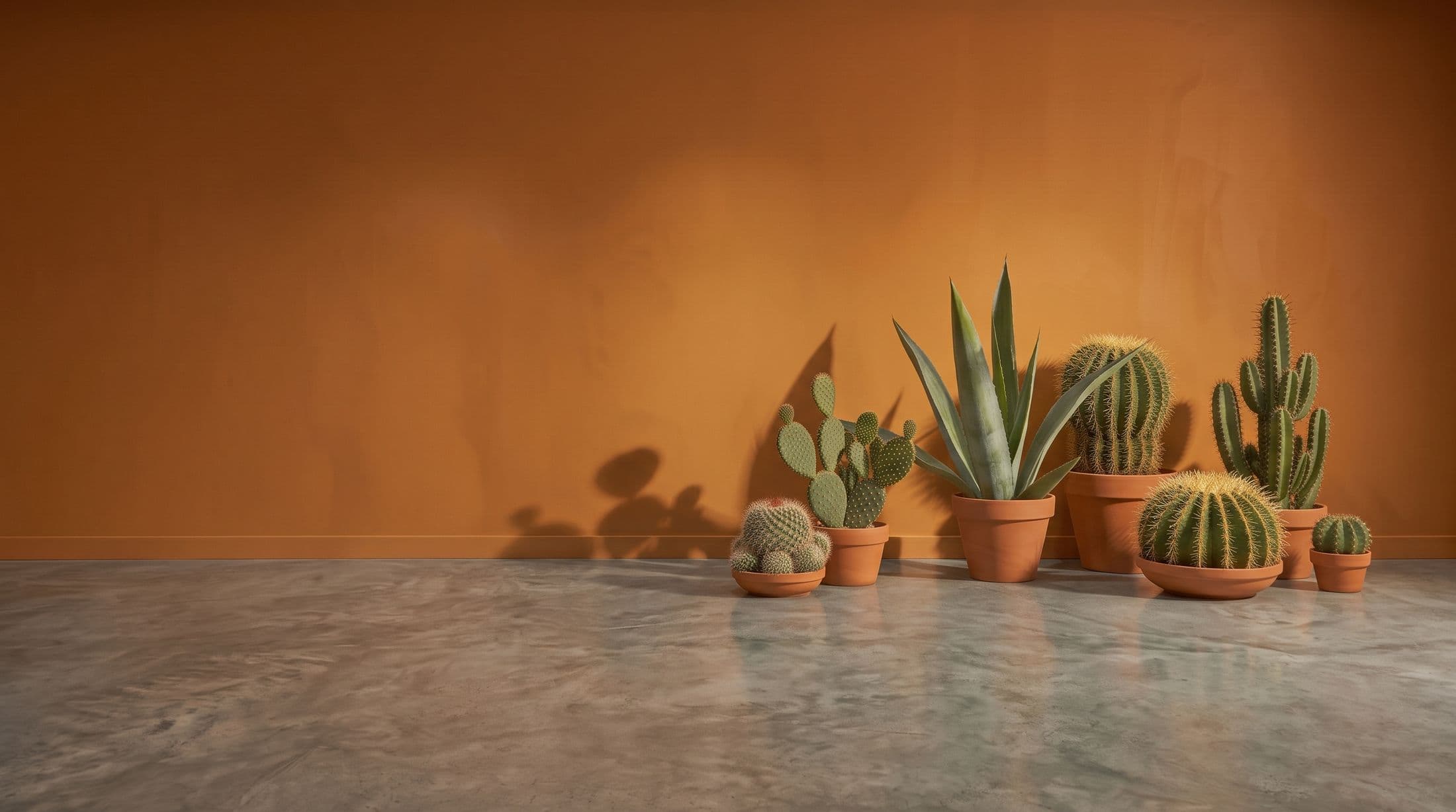 Terracotta stucco wall with cacti and agaves at its foot under the Baja sun