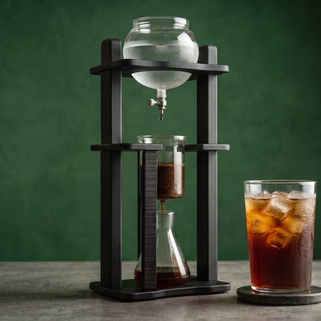 Slow drip tower drawing cold brew drop by drop beside a glass served over ice