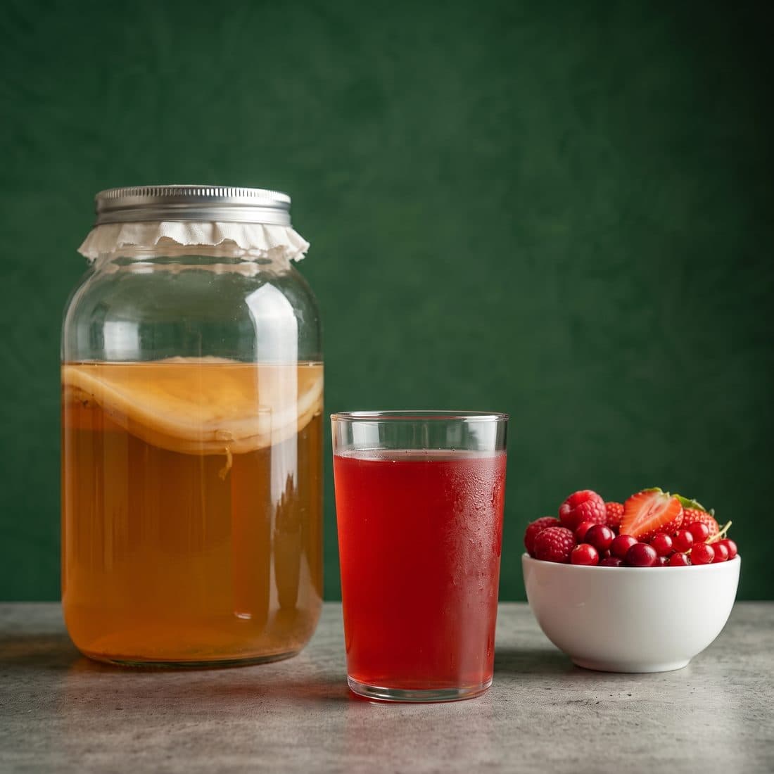 Jar of kombucha fermenting with its culture, beside a glass of berry ferment and a bowl of red berries