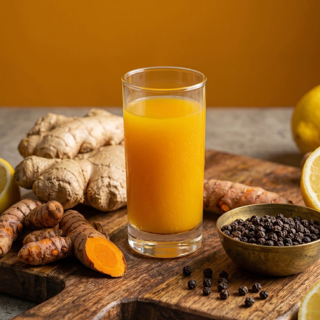 Glass of freshly pressed turmeric and ginger shot, surrounded by ginger root, fresh turmeric, lemon and black peppercorns